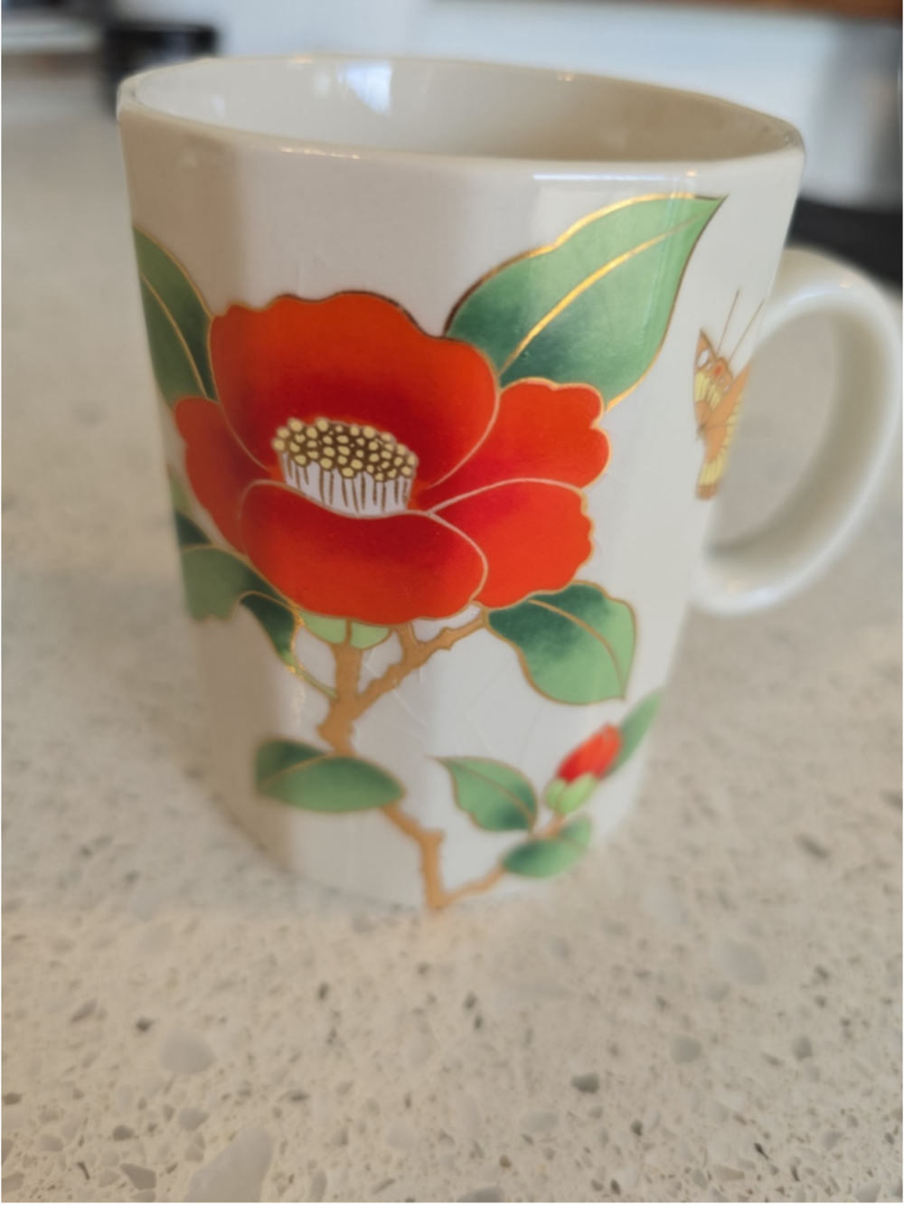Otagiri Japan Ceramic Coffee Mug Vintage Floral Ivory Red Green Gold 10 fl oz